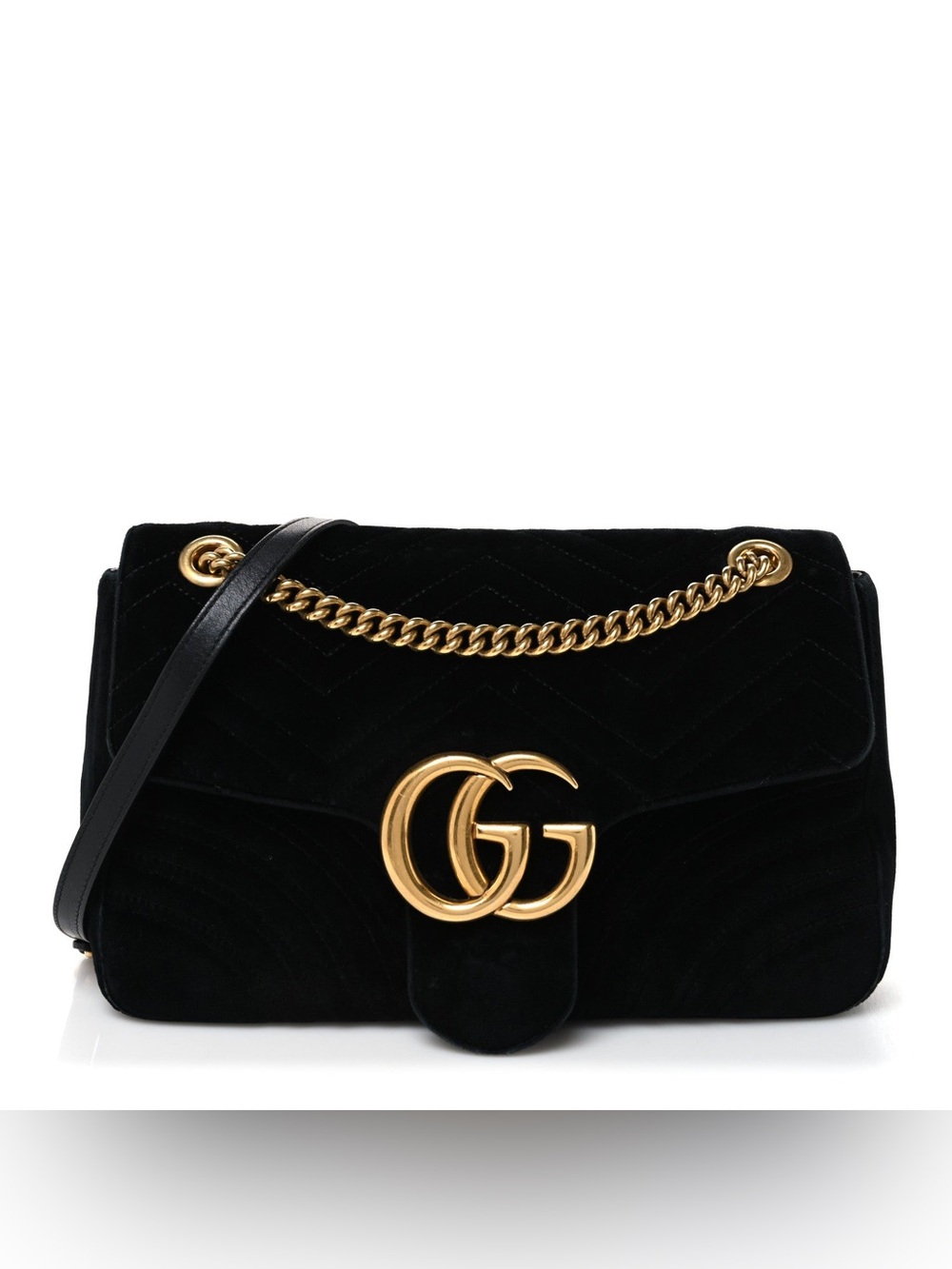 Gucci GG Marmont Medium Black Velvet Matelassé Shoulder Bag Gold Chain COA